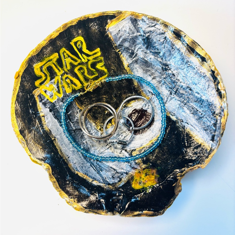 Handmade Star Wars TIE fighter shell ring dish w/ lightsaber bracelet + 3 rings